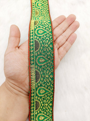 Jacquard Saree Border, Green And Gold Woven Thread Work Trim, Jacquard Trimming Decorative Trim